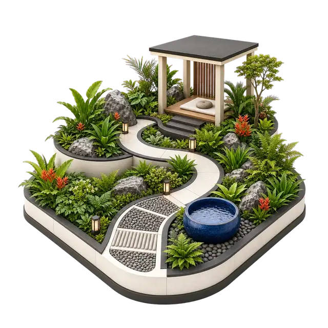 Isometric landscaped garden with shaded walking paths, quiet seating and layered planting