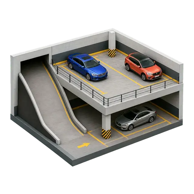 Isometric residential parking and arrival area with cars, cycle spaces, trees and pedestrian links