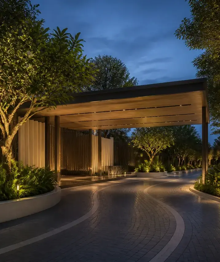 Prestige Poojanahalli, artistic impression A lit arrival drive under a canopy among trees at dusk