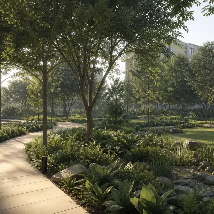 A winding garden walk through lawns and planting