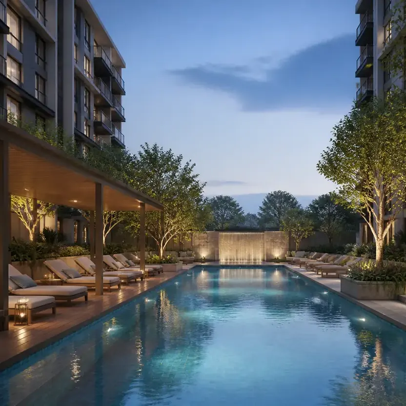 A pool with loungers under a pergola at dusk