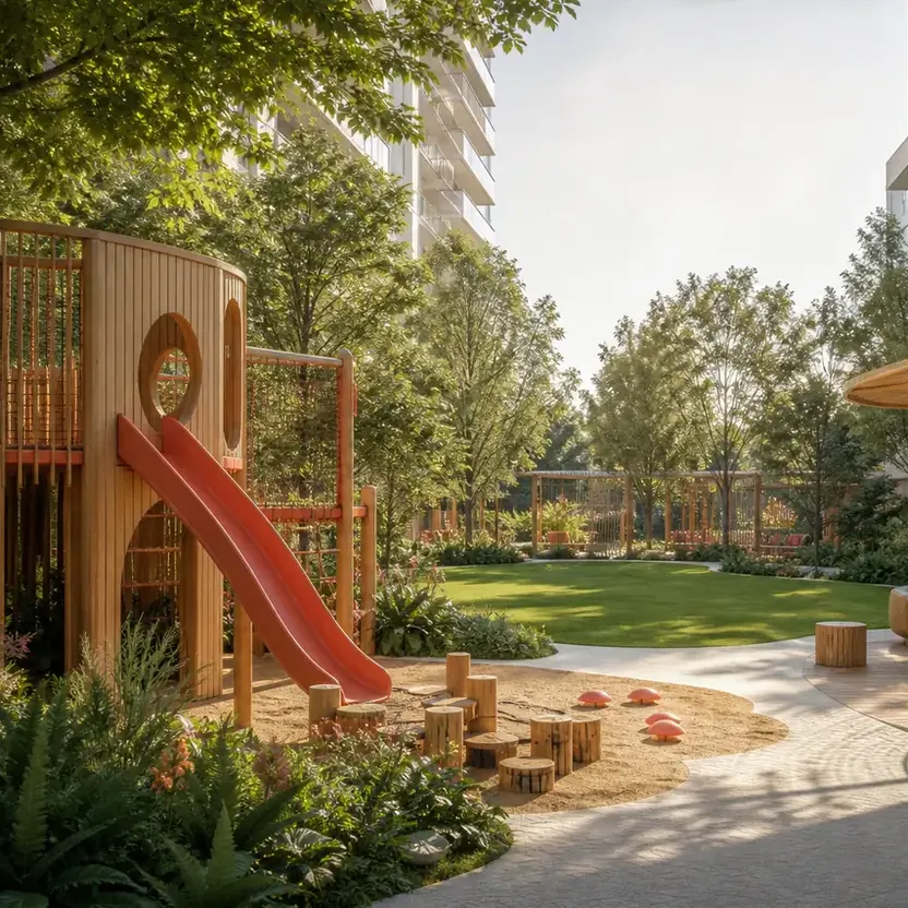 A play garden with a timber play tower and a shaded seat
