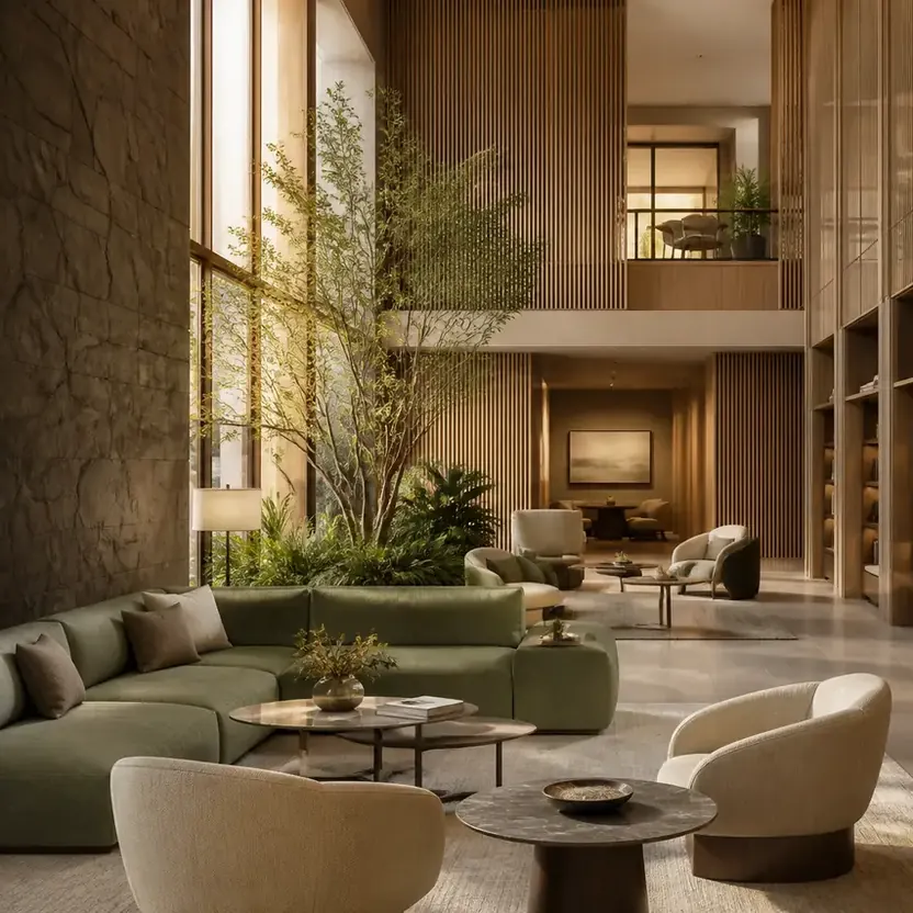 A residents’ lounge with sofas and book-lined walls
