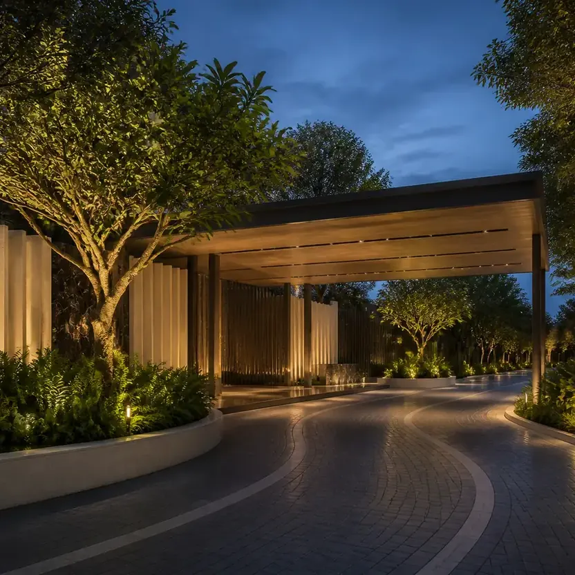 An arrival canopy lit at dusk